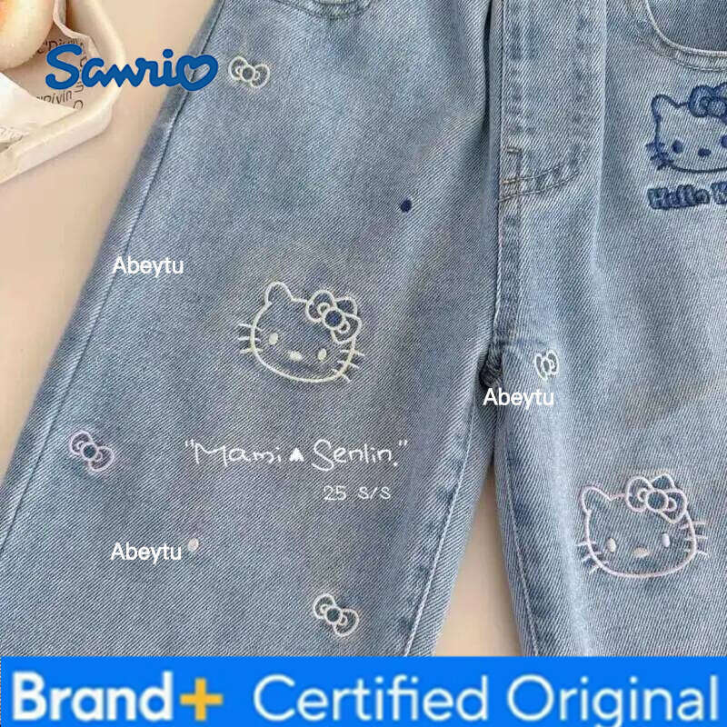 Sanrio Hello Kitty Straight Leg Jeans Girls Casual Spring 2025 New Cartoon Cute Kitten Embroidery Trendy Fashion Denim Pants H260206