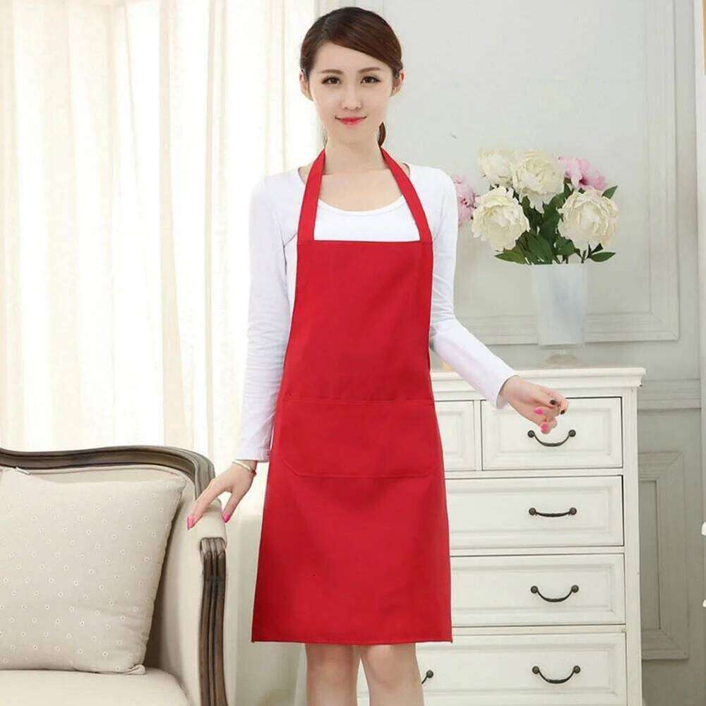 Waterproof Halter-Neck Kitchen Apron Pocket for Restaurant Home 60x70cm Red Bib Aprons with Pockets S260205