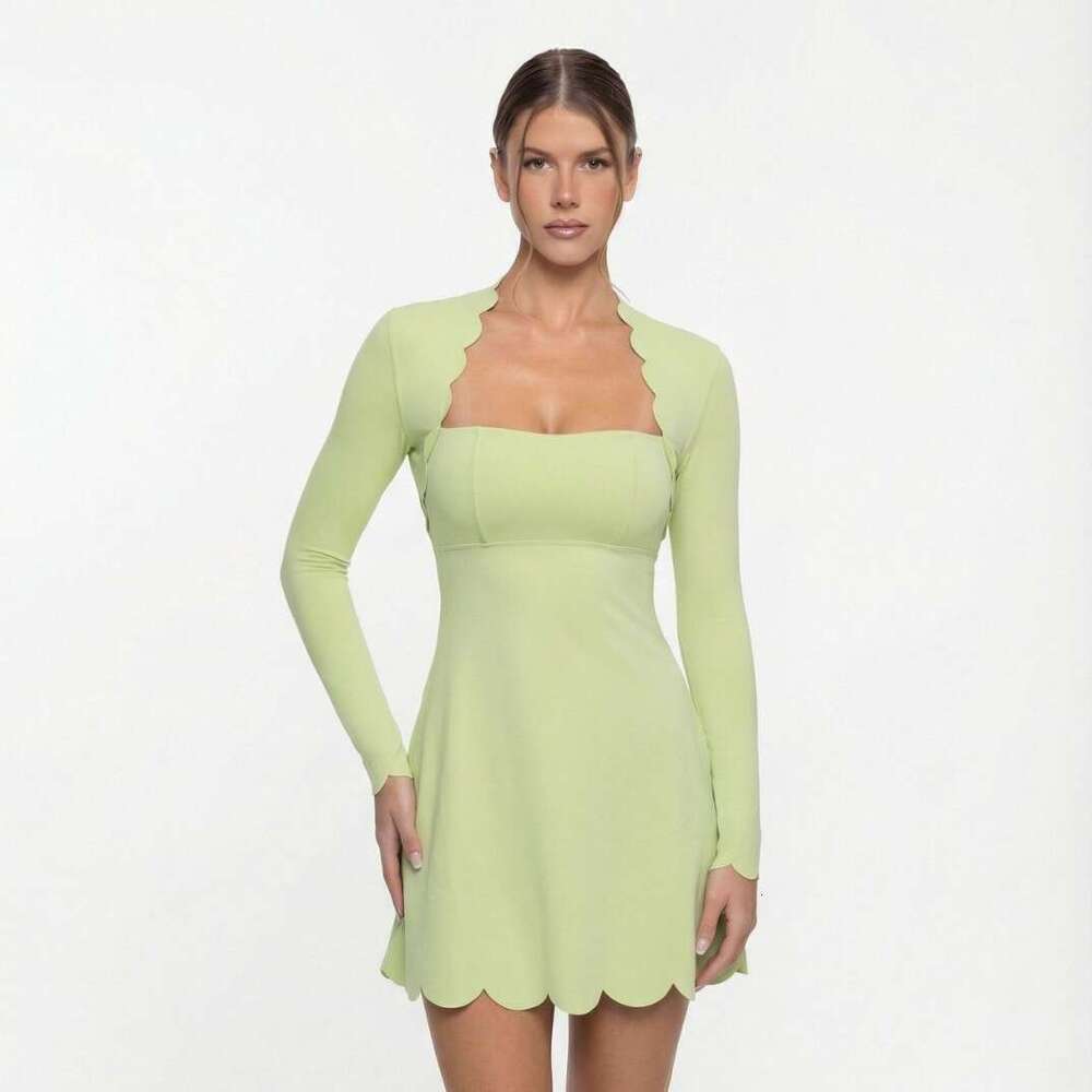 Autumn and Winter New Women's Long Sleeve Wave Lace Golf Tennis Breathable Quick-Dry Yoga One-Piece Skirt