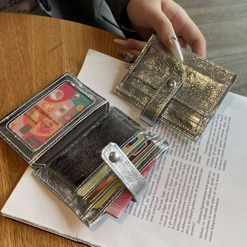 Leather Card Holder Women'S Ultra-Thin Mini Buckle Coin Purse Portable Wallet Silver Cute Bank Credit Id Bag Multi-Card Slot Y260206