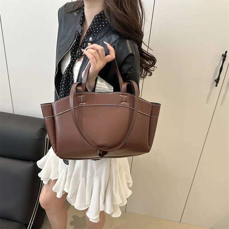 Solid Color Soft Leather Handbag Women Single Shoulder Tote Bag, Large Capacity Commuting Set Handbags Shopping Cross Body Bags Y260205