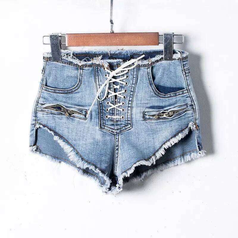 Women's High Waist Denim Zipper, Sexy Shorts, White, Front Lace-Up, Korean Washed Short Jeans, New Fashion, Summer, 2023 XJ260206