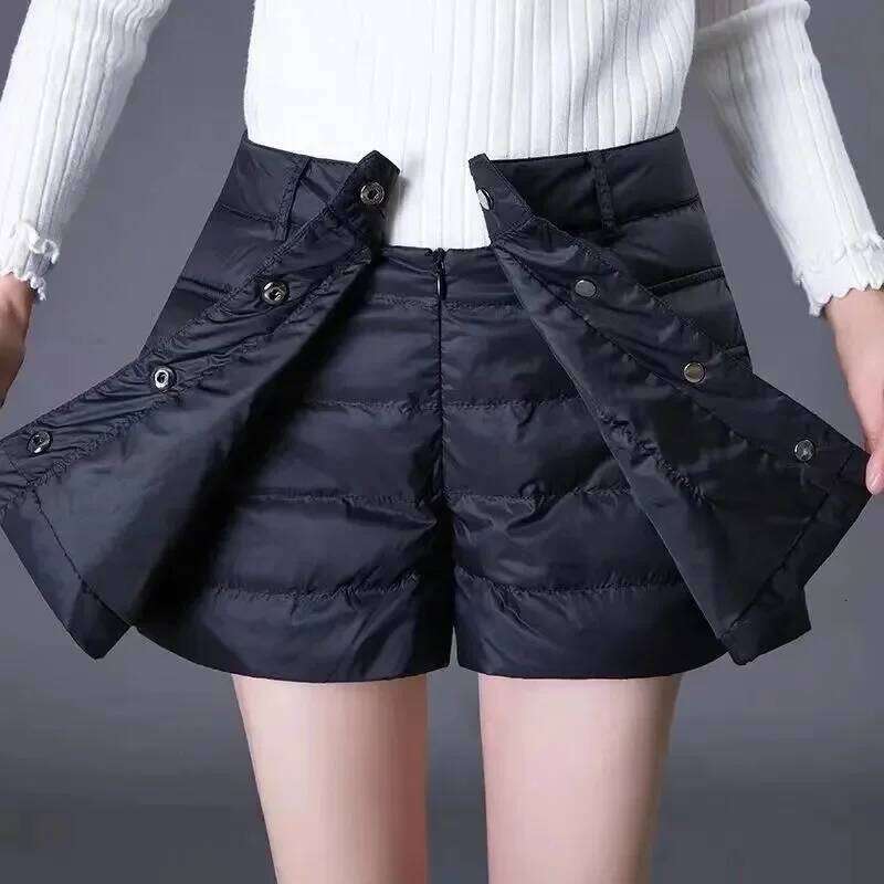 Autumn Winter Down Cotton Short Women New Pure Colour Fake Two-Piece Skirt Pants Fashion Covered Button Culottes Female XJ260206