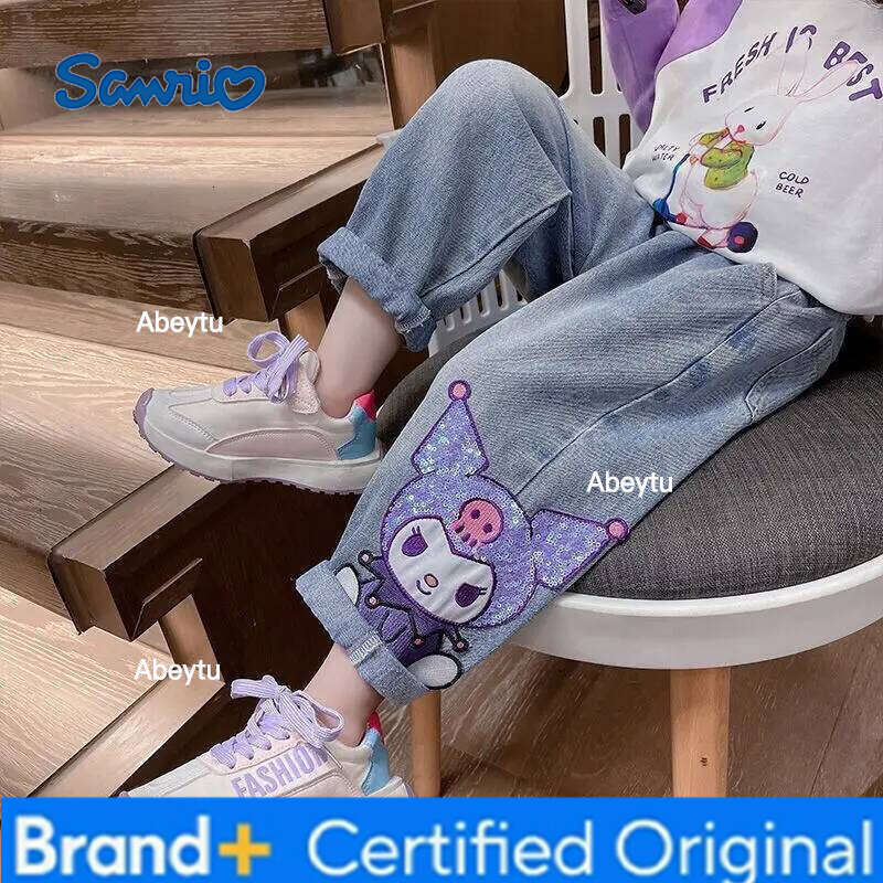 Sanrio Anime Girl Spring and Autumn Cartoon Cute Glitter Kuromi Fashion Baby Sweet Cool Soft Jeans Children's loose casual jeans H260206