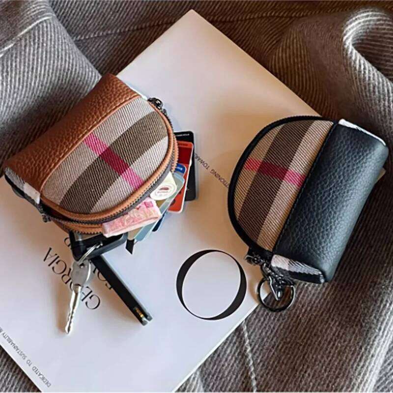 Ladies Vintage Genuine Leather Mini Coin Keychain - Brown with Red, Suitable for Daily Use, Cute Purse Y260206