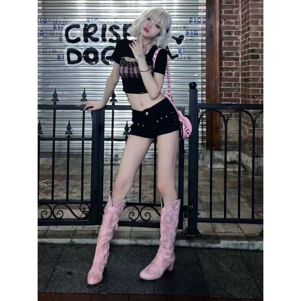 Black Denim Shorts for Women Skinny Bandage Design Y2k Sexy Girls Tender Low Waist Vintage American Style All-match Fashion Ins H260206