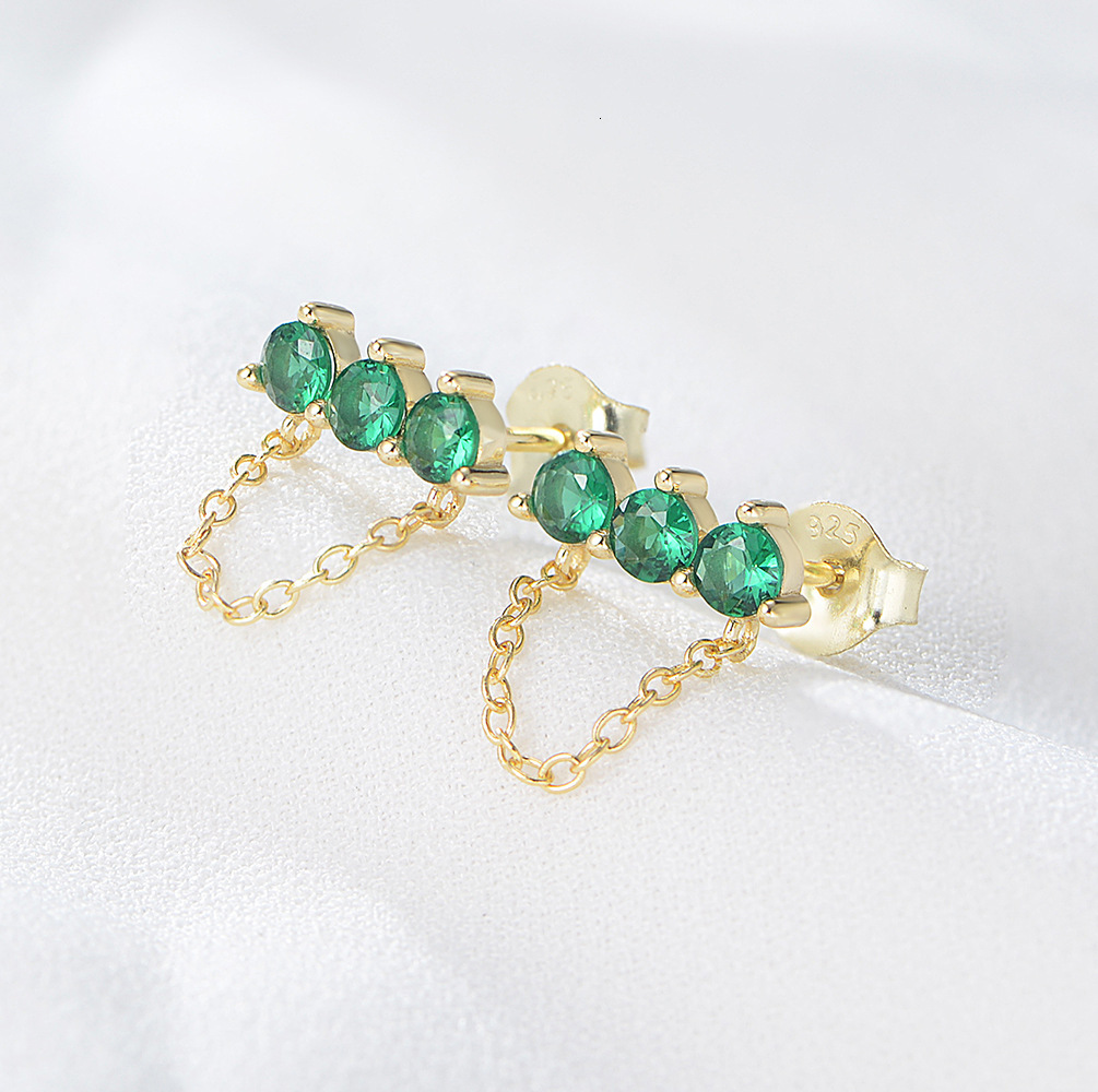 s925 sterling silver emerald green zircon simple and unique chain tassel earrings, trendy earrings