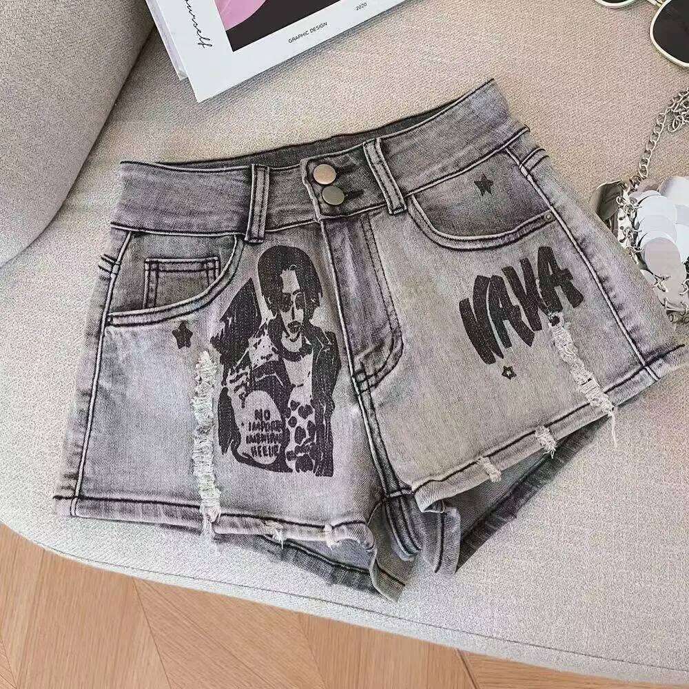 Retro Spice Girl Style Denim Shorts Women's New Mid Waist Slim Elastic Skull Printed Sexy Y2k Super Short Hot Pants C260206