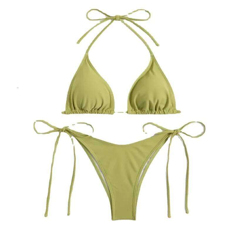 Sexy Women Thong Solid Color Bikini Set Side Halter Tie Swimsuit Ladies Split Strap Adjustable Brazilian Swimwear Beachwear Z260206