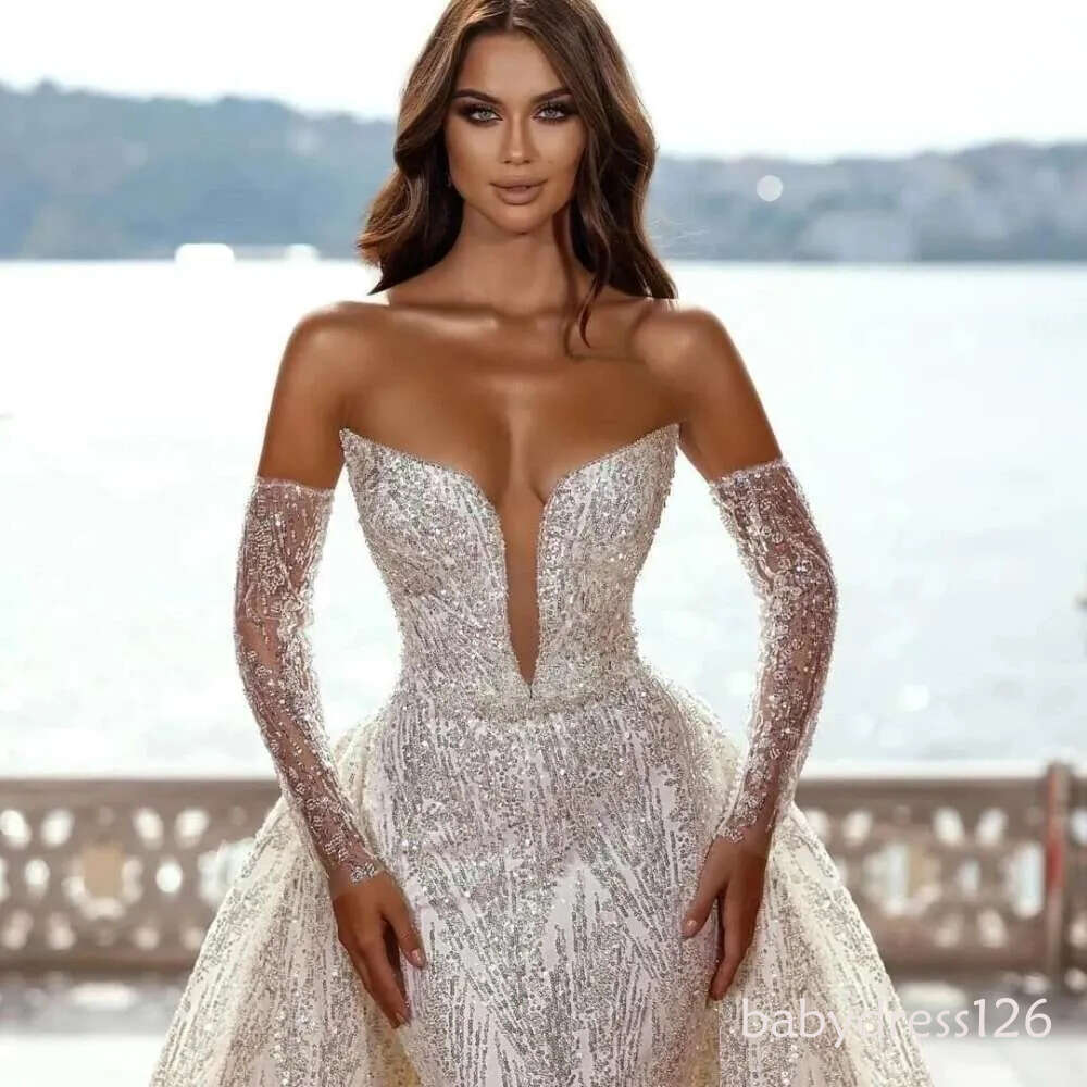 Mermaid Wedding Dress With Detachable Train Sexy Deep V-Neck Backless Sparkly Sequined Beaded Bridal Gown