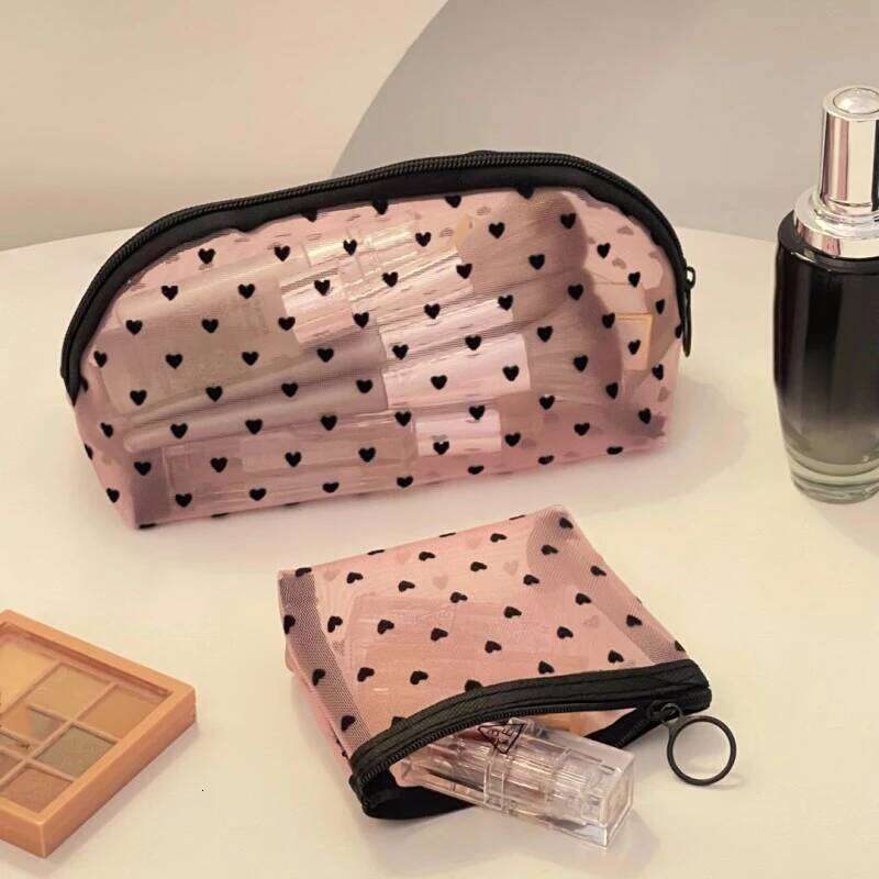 1Pcs Fashion Clear Mesh Cosmetic Women Heart Mini Makeup Lipsticks Storage Pouch Poratble Travel Toiletry Zipper Bag Y260206