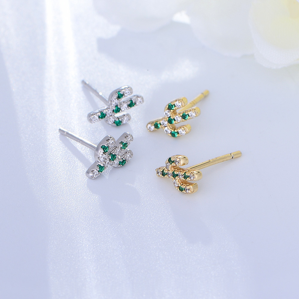 s925 silver plant cactus micro-inlaid zircon small for women, Japanese Korean sweet and fresh personalized earrings
