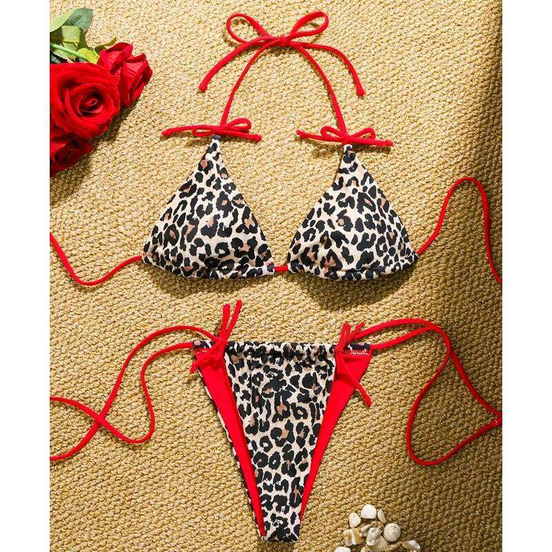 Leopard Print Bikini Set Women Adjustable Tie Side Bandage Swimwear Sexy Two-Piece Bathing Suit Beach Vacation Z260206