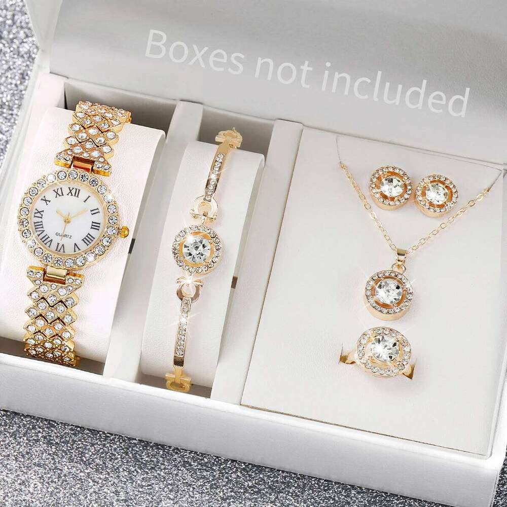 6PCS/Set Luxury Women Watches Fashion Rhinestone Roma Dial Bracelet Band Quartz Watch Jewelry Set Reloj MujerWithout Box Z260206