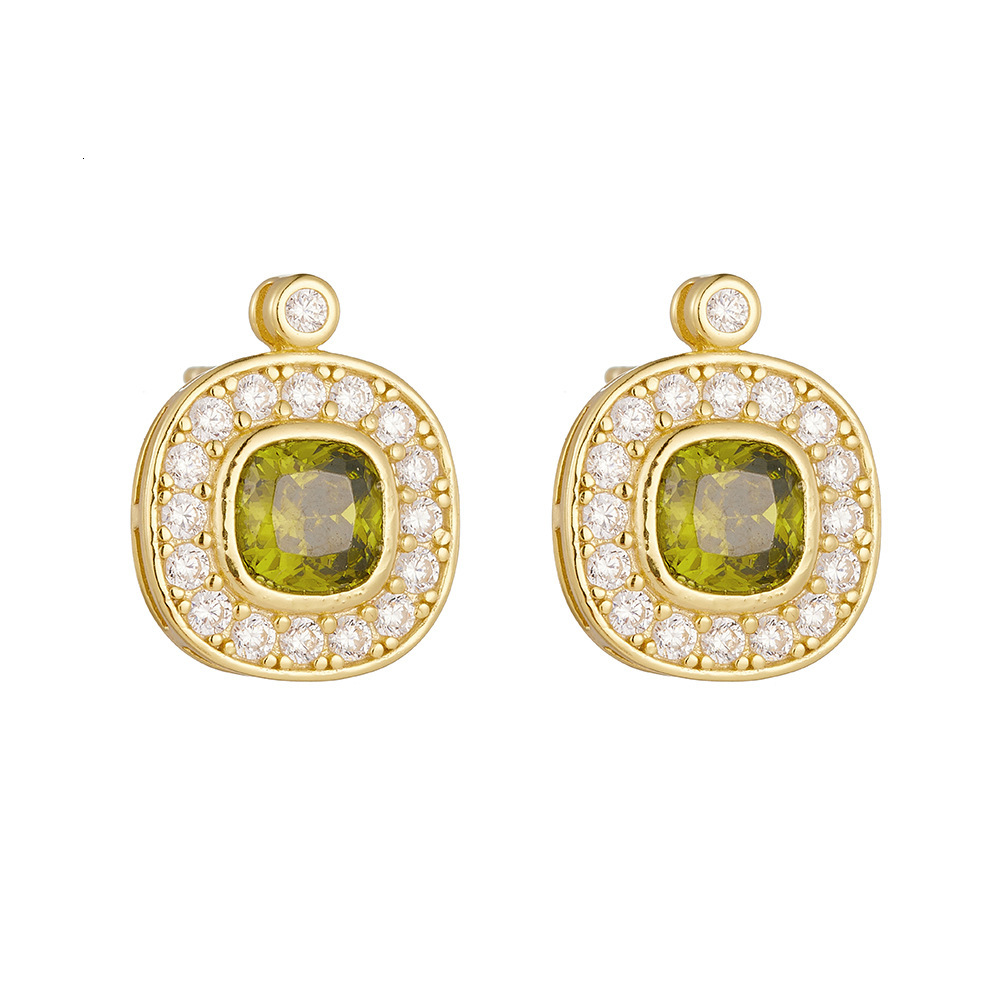 S925 Sterling Silver Vintage Palace Style Olive Green Zircon for Women Simple Geometric Oval Inlaid Diamond Earrings