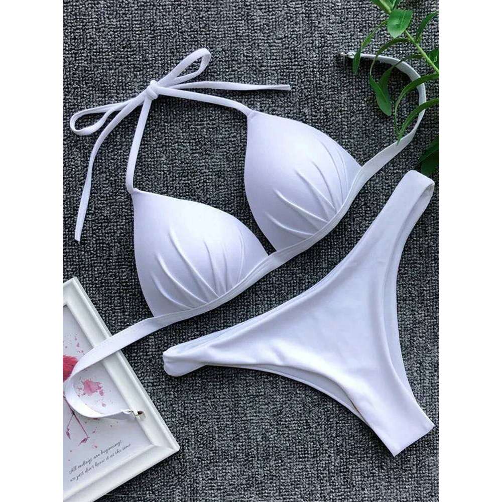 2025 Halter Bra Cup Sexy Swimsuit Female White Swimwear Women Push up Bikini set Brazilian Bathing Suit Bandeau Swim suit Z260206