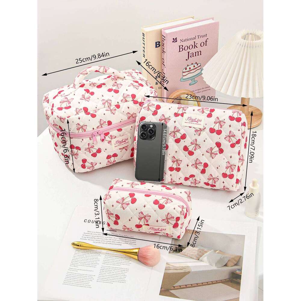 1/3Pcs Cherry & Bow Pattern Bag Set, Large Capacity Cosmetic Storage Bag, Zipper Makeup Organizer Pouch Y260206