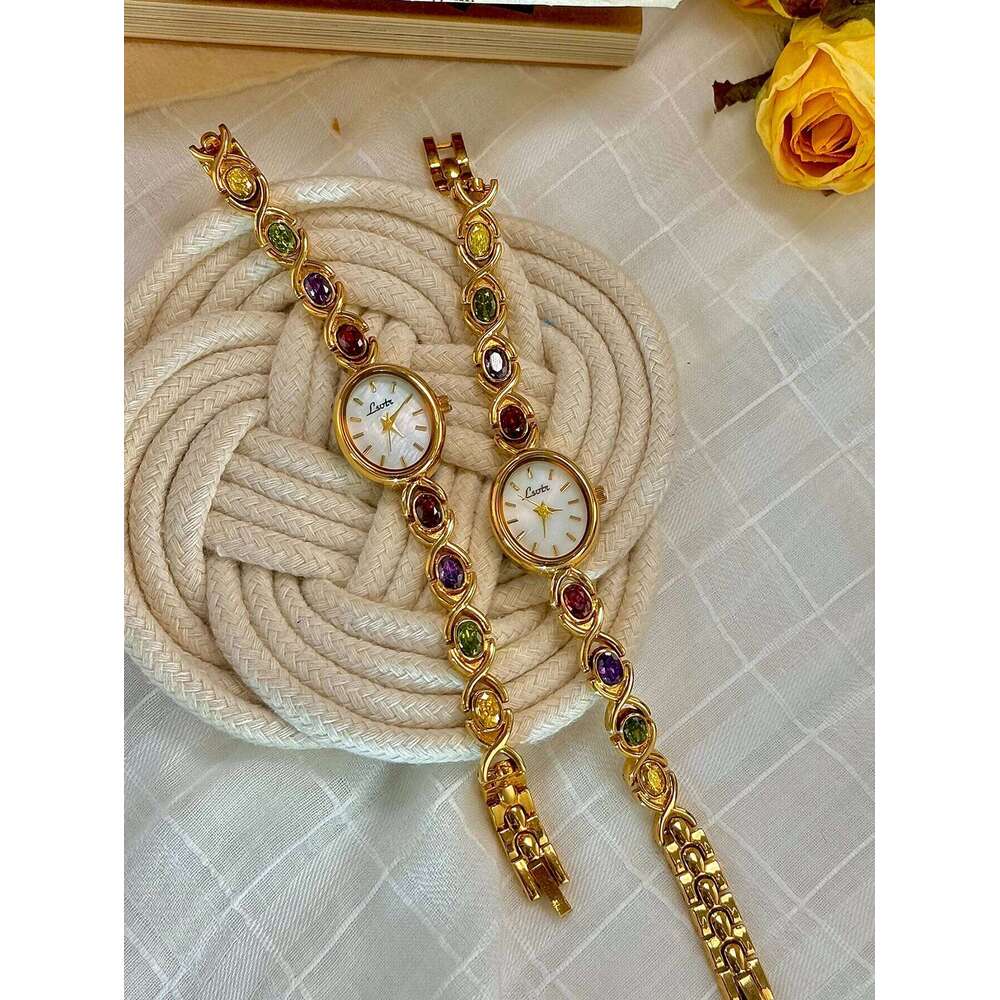 1 Piece of New High-End Colorfuled Tourmaline Gem Rhinestone Inlaid Accessible Luxury Retro Elegant Fashion Women's Watch Oval Mother-Of-Pearl Di