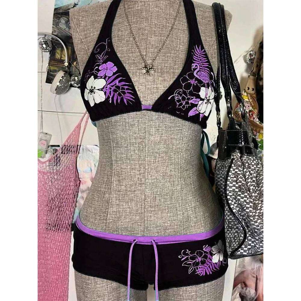 Vintage Flower print Cutie set Bikini 2000s Swimsuit Sexy Women Bathing Fashion Halter Strap Swimwear High Street Beach Female Z260206