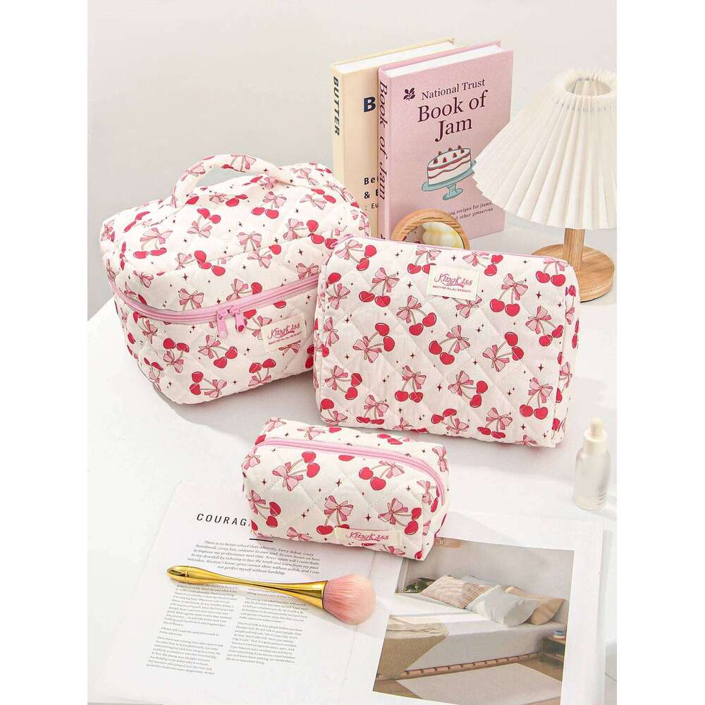 1/3Pcs Cherry & Bow Pattern Bag Set, Large Capacity Cosmetic Storage Bag, Zipper Makeup Organizer Pouch Y260206