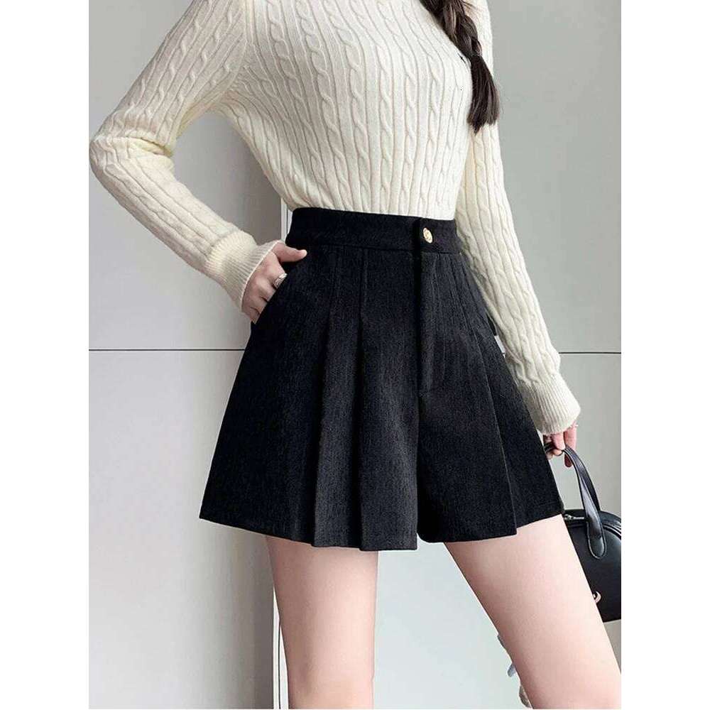 Fashion Pleated Woolen Winter Woman High Waist Streetwear Booty Skirts Shorts Women A-Line Culottes Wide Leg Short Femme H260206