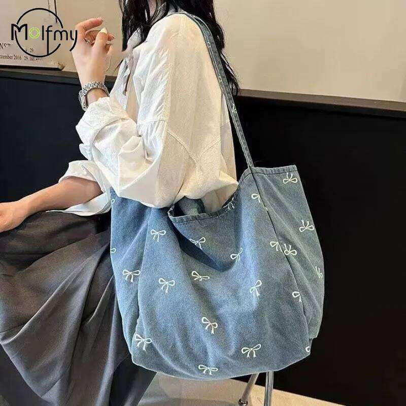 Cowboy Canvas Bag Ladies' Bow Versatile Tote Bags Large Capacity Casual Shoulder Handbag Travel Shopping Vacation Free Shiping Y260205