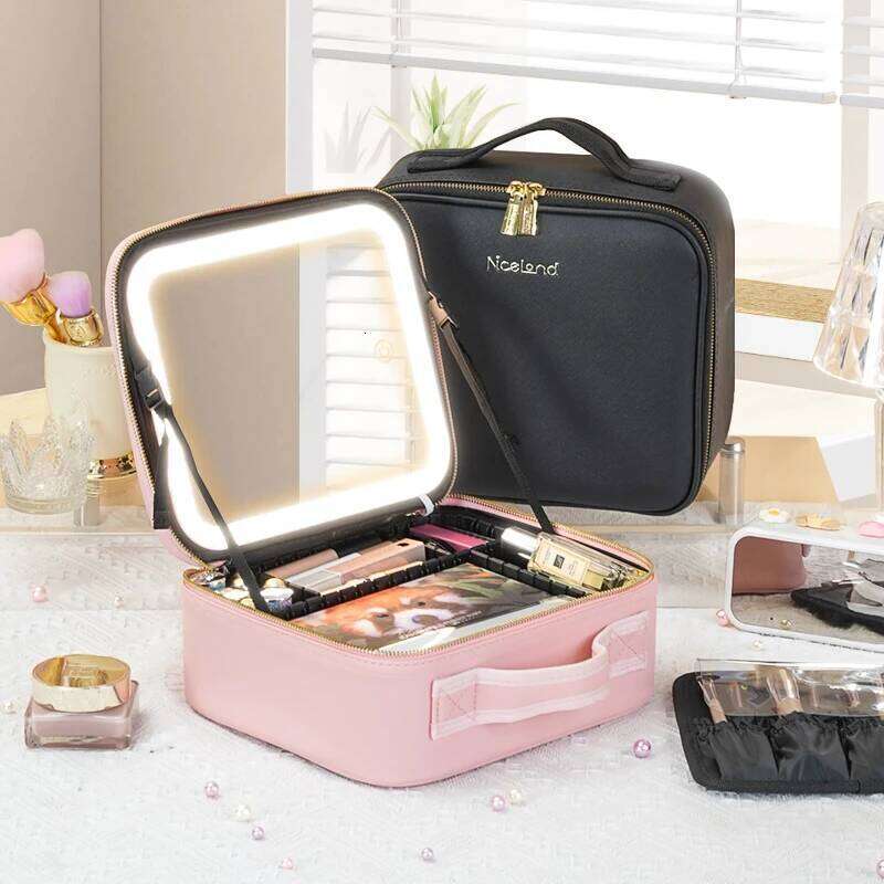 3 Color Train Mirror, White Portable Makeup Waterproof Organizer with Adjustable Dividers, Cosmetics Storage Case Gift Y260206
