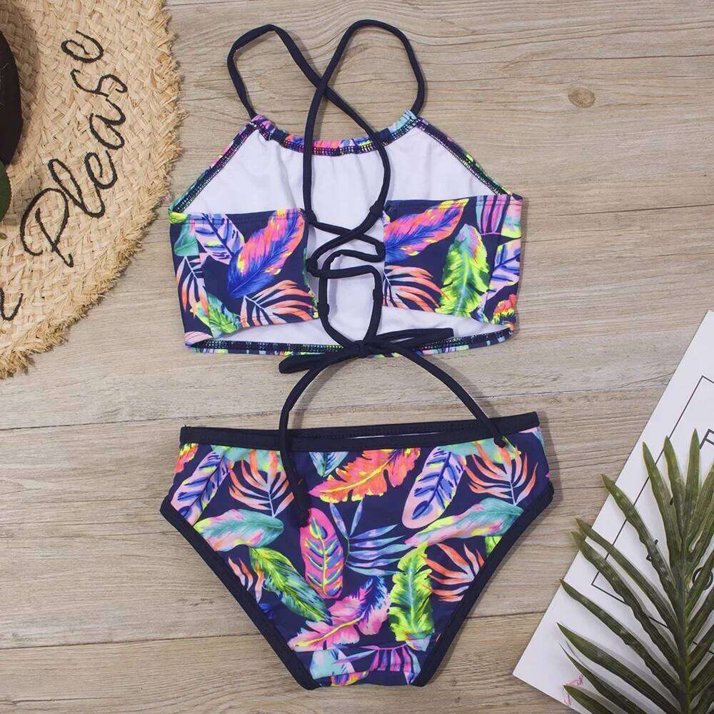 Teen Girls Swimsuits Two Pieces Bathing Suits For Kids Print Feather Bikinis Sets Swimwear Children Beach Swim Bodysuit 7-14Year XJ260206