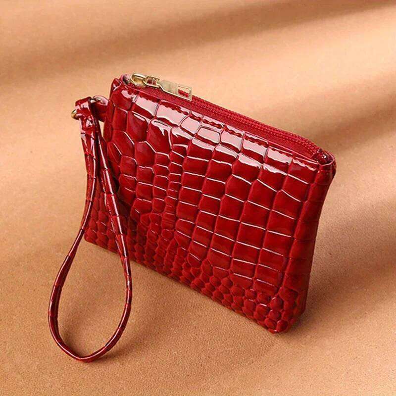 Small Crocodile Pattern Coin Purse, Faux Leather Wallet Zipper, Simple Multi Purse With Wristband Y260206