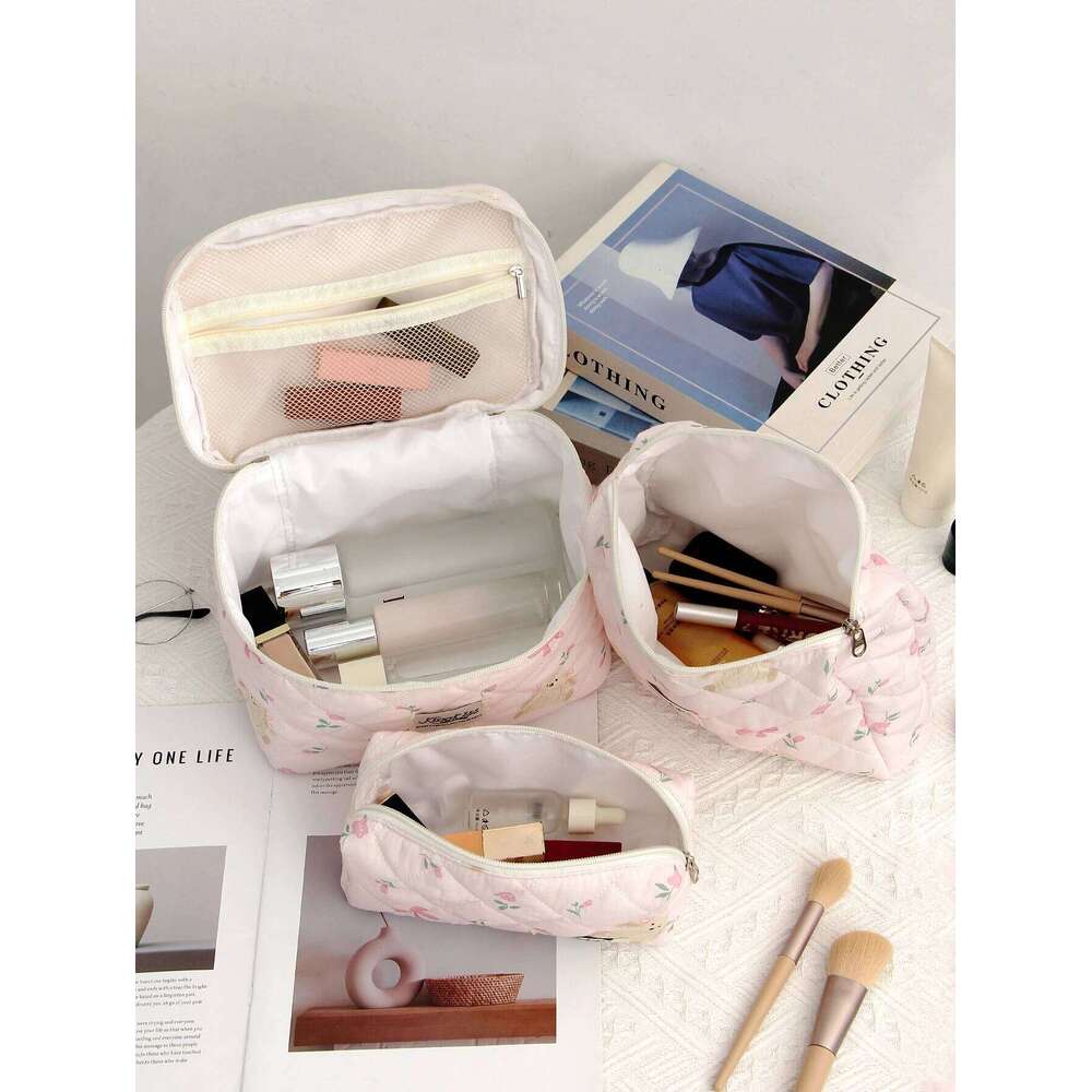 1pc/set Quilted Bathroom Storage Travel Essential Bag, Cute Bow Makeup Bag Y260206