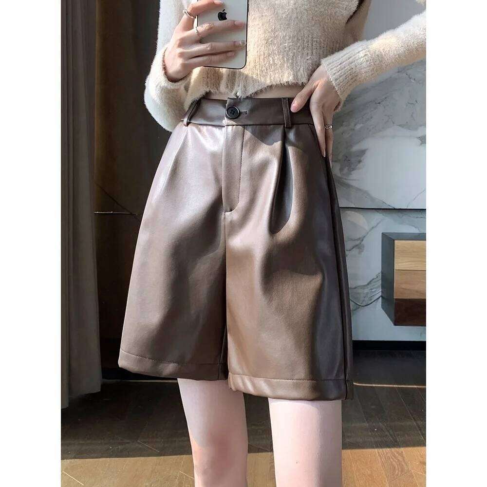 High Waist Leather Shorts Women's Outerwear Boot Pairing Black Wide Leg Straight Cut Winter Spring Autumn Three-quarter Length XJ260206