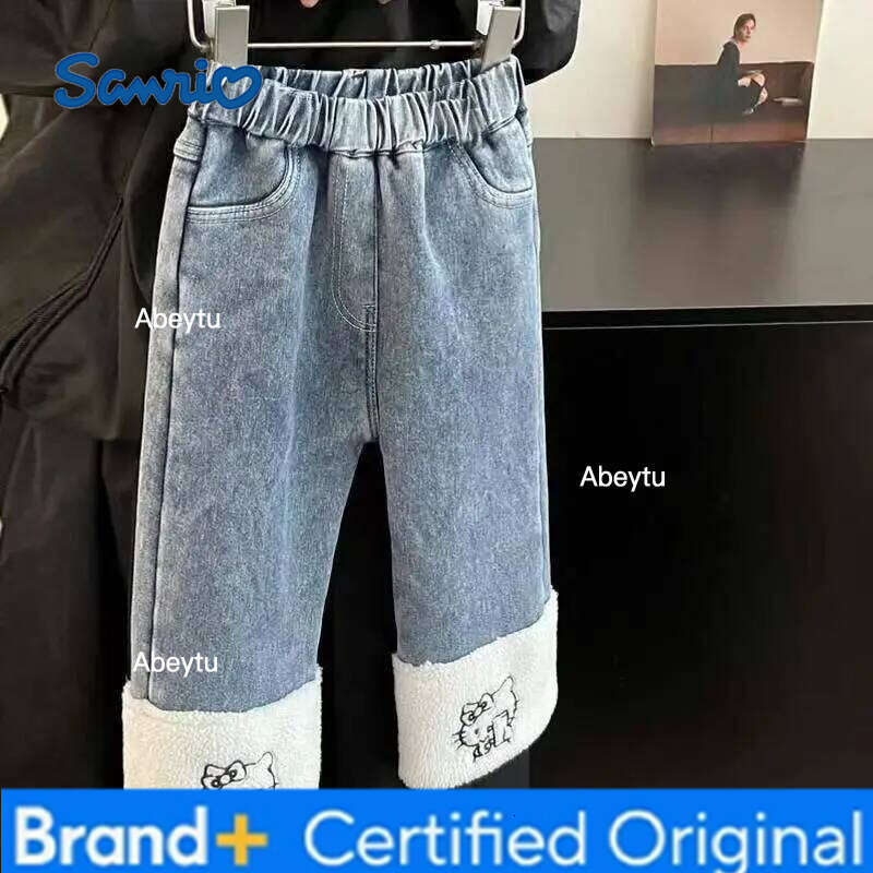 Sanrio Hello Kitty Baby Jeans for Girls Comfortable Patchwork Straight Leg Pants Cute Autumn Winter Kawaii Trousers Fashionable H260206