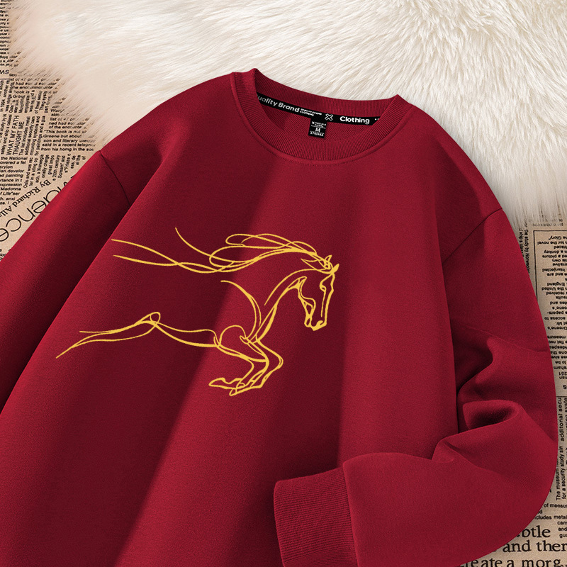 Chinese Horse Year Sweatshirt Fashionable with Horse Pattern Decorated in Golden Ink Printing on Men's Round Collar