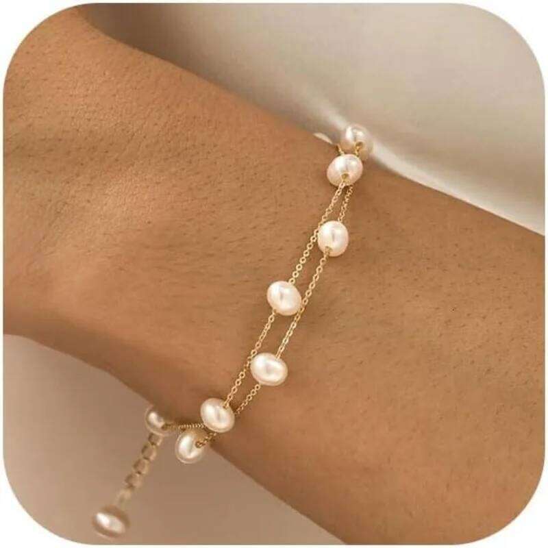 14K Gold Plated Women, Dainty 925 Silver Pearls Beaded Chain Heart Pearl Bracelets Jewelry Gift for Women 26H0206