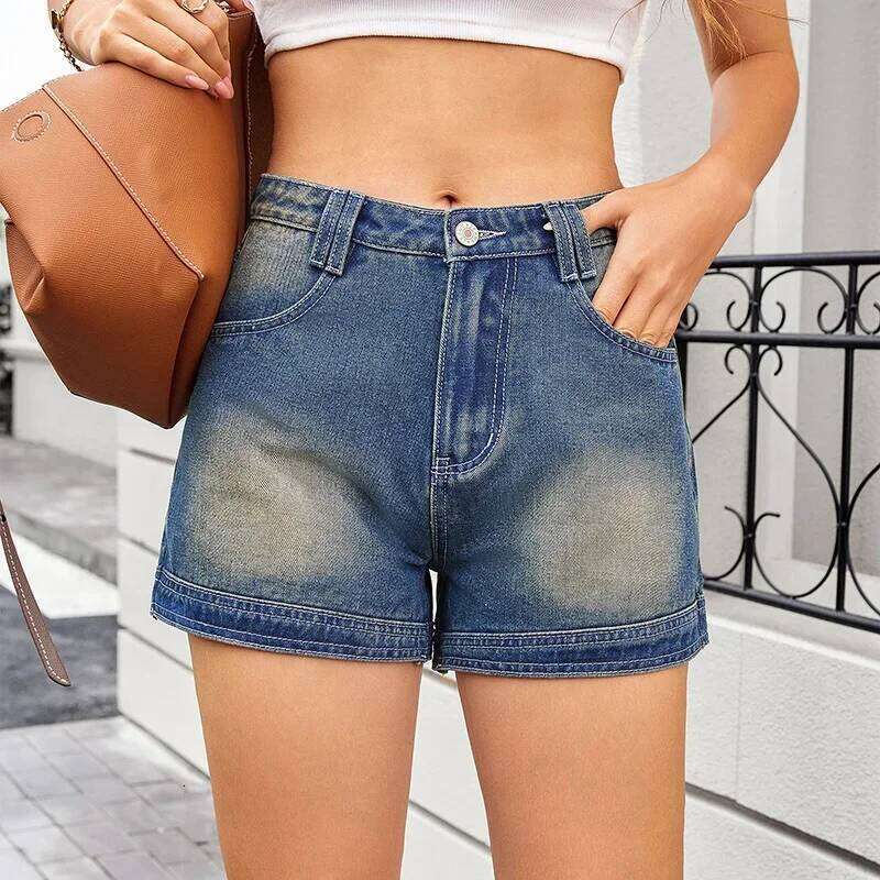 Retro Washed Do Old Denim Women's Fashion Summer New Mid Waisted Casual Streetwear Straight Leg Shorts C260206