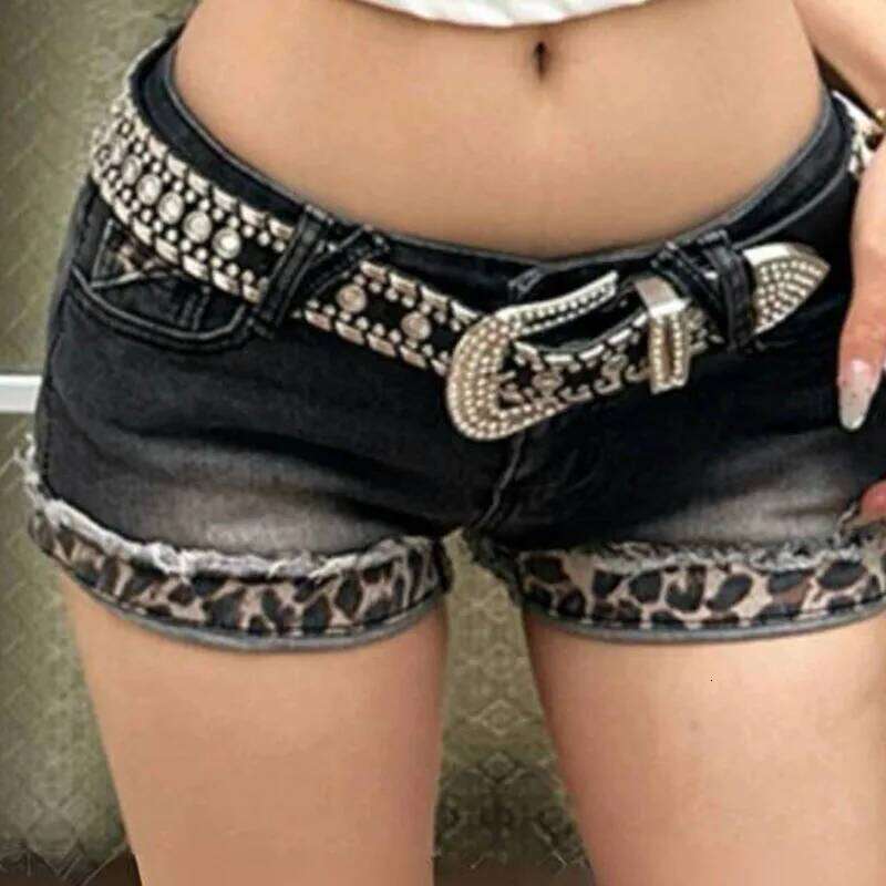 Harajuku Vintage Denim Y2K Women Grunge Coquette Low Rise Skinny jean Shorts Woman Sexy Leopard Print Mini Short Pants XJ260206