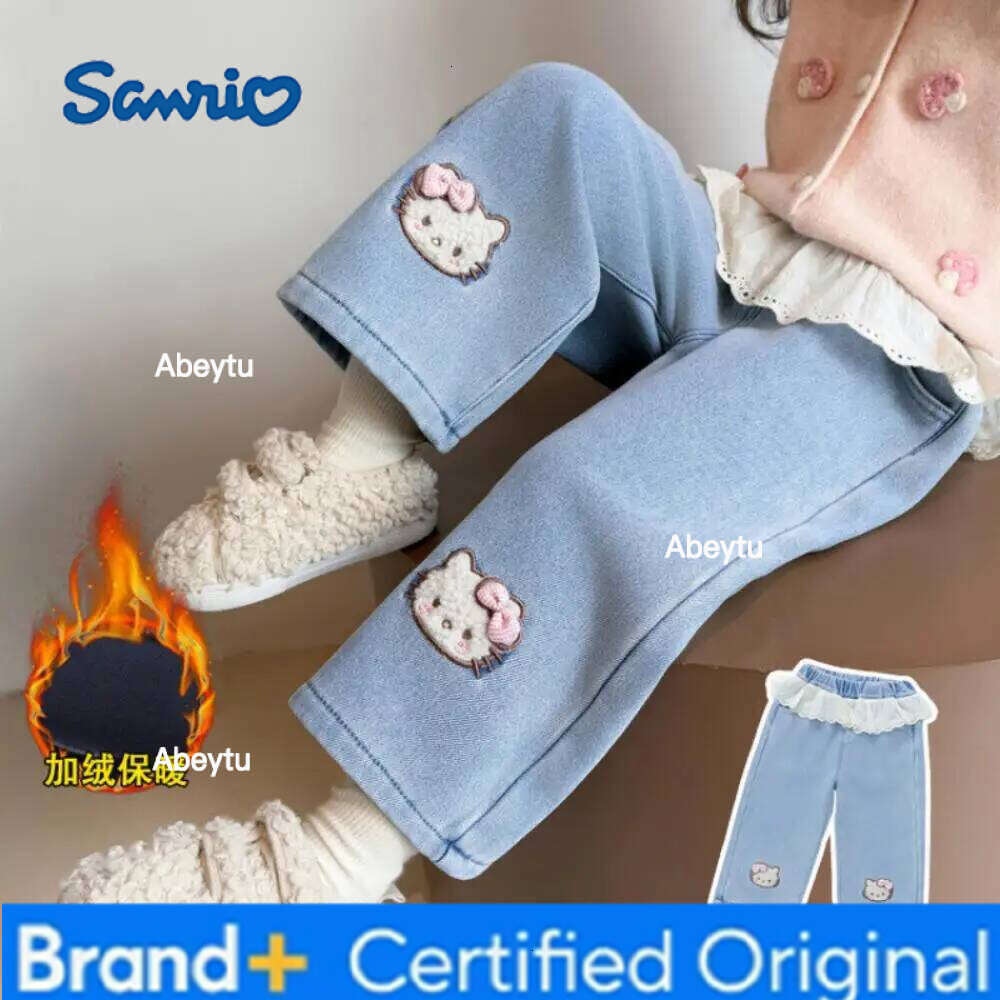 Sanrio Hello Kitty Girls' New Fashionable Fleece-Lined and Thickened Winter Blue Straight Leg Jeans Cute Cat Embroidery H260206