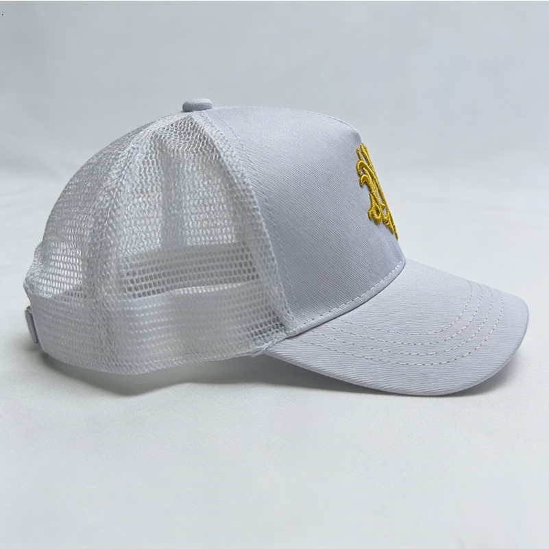 Men's Women's White Gold Embroidery Mesh Cap Adjustable Curved Brim Streetwear Hat