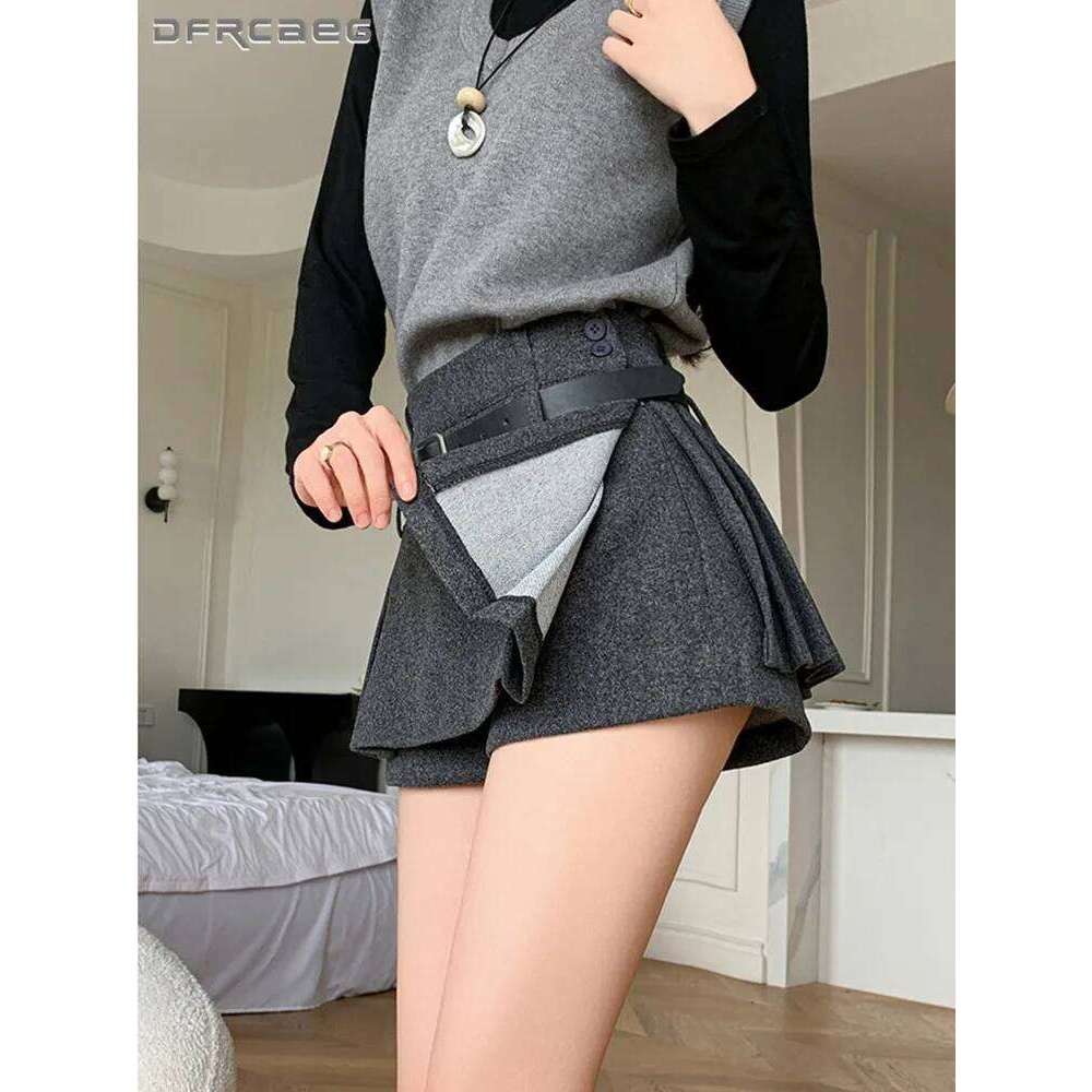 High Waist Gray Thicking Woman Wool Skirts Shorts With Belt Preppy Style Casual Slim Hot Sweet Short Pleated Skirt Lady XJ260206
