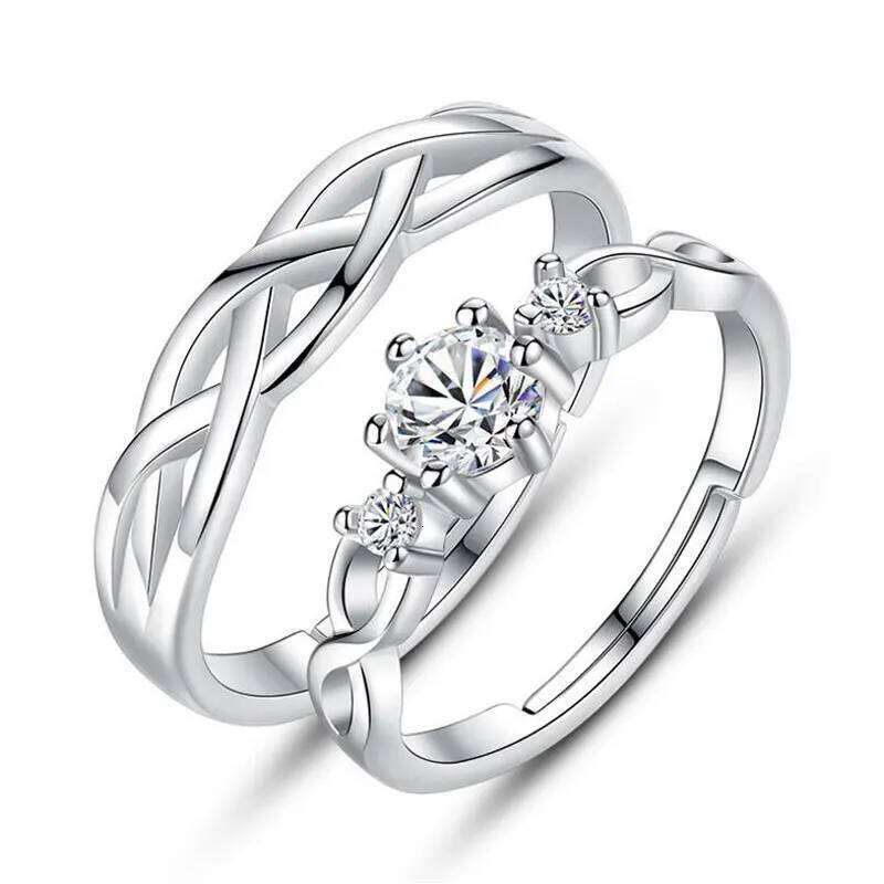 ANENJERY Silver Plated Couple For Lovers Heart Zircon Adjustable Ring Wedding Engagement Jewelry W260206