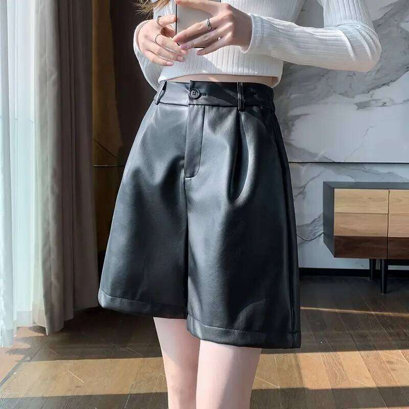 High Waist Leather Shorts Women's Outerwear Boot Pairing Black Wide Leg Straight Cut Winter Spring Autumn Three-quarter Length XJ260206