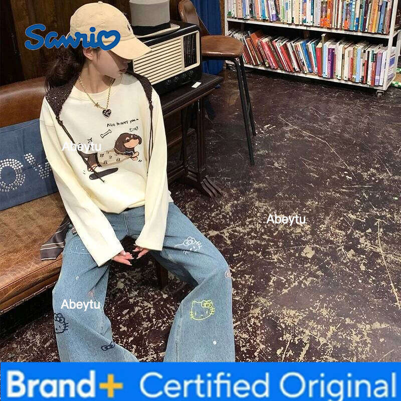 Sanrio Hello Kitty Jeans Denim For Plus Size Women Autumn Fashion Embroidery Loose Fit Slimming Straight Leg Niche Design H260206