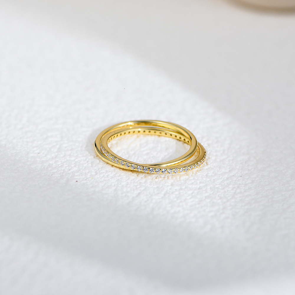 S925 Korean-style sterling INS-style simple double-ring interlocking full-zirconia ring, silver finger ring