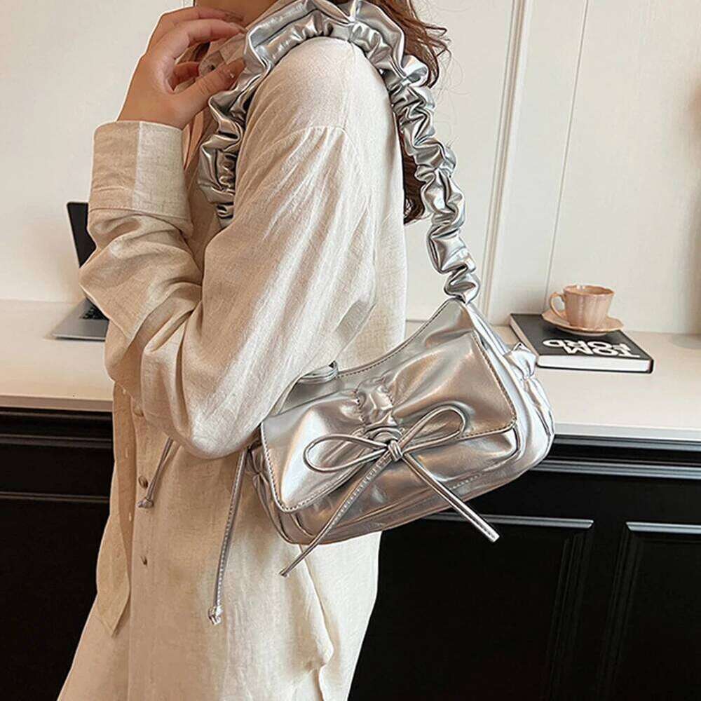 Elegant Bowknot Small Square PU Leather Shoulder Satchel Pleated Hand Underarm Bag for Women Y260205