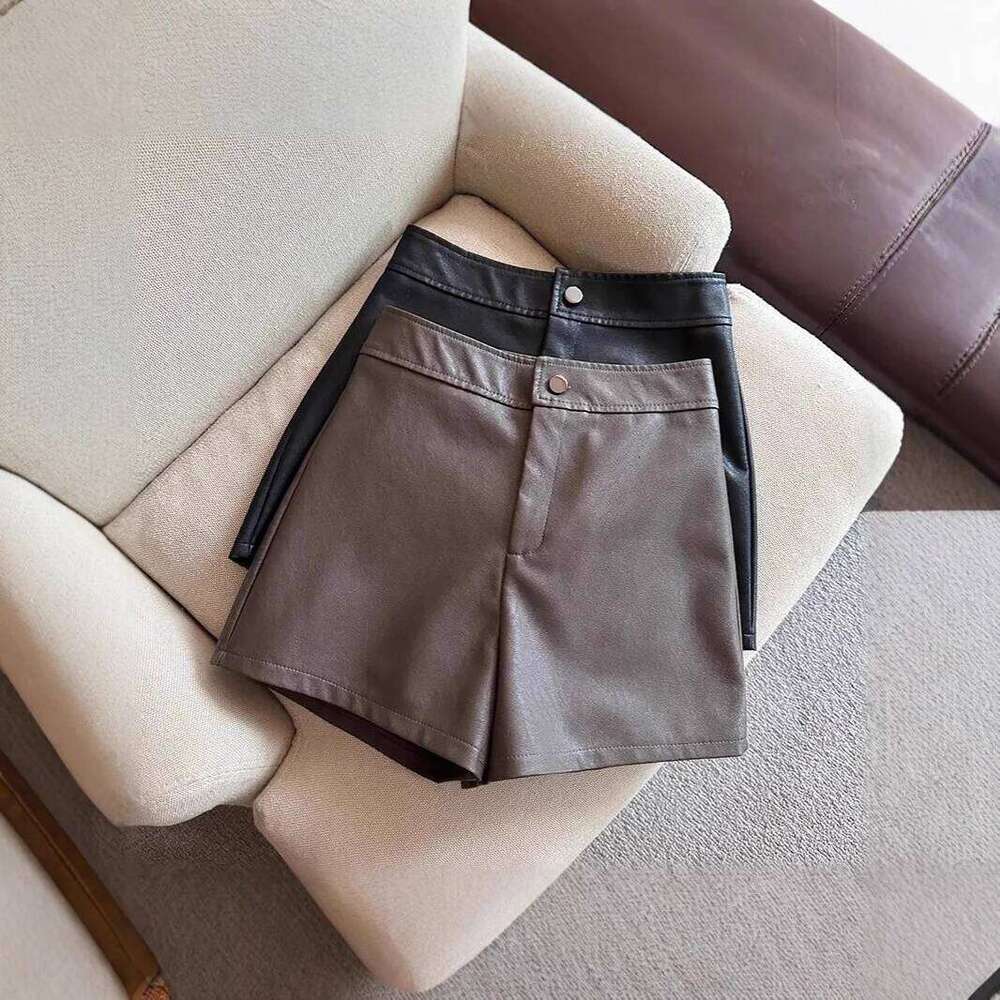 High Waist PU Leather Shorts Women's Slim Fit A- Line Casual Wide Leg Boot Pants Commute Style Fashionable Autumn Winter XJ260206