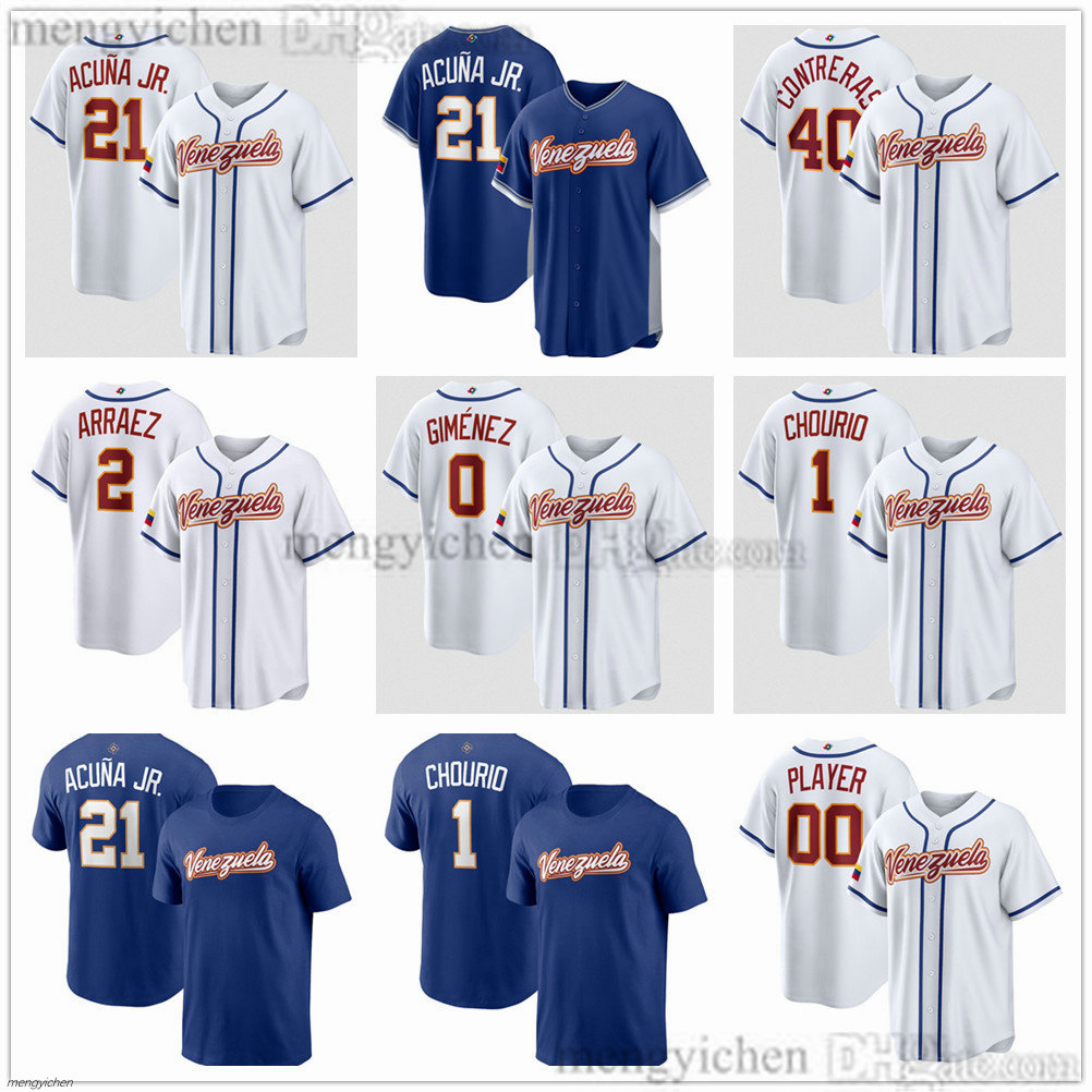 Men's Venezuela 2026 World Baseball Jerseys 21 Ronald Acuna Jr. 1 Jackson Chourio 2 Luis Arraez 0 Andres Gimenez 40 Willson Contreras T-Shirts All Stitched