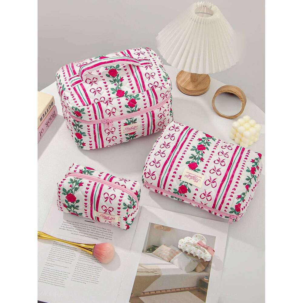 1/3PCS for Women Quilted Cotton Make Up Travel Cosmetic Large Set Cute Bow Makeup Bag Organizer Y260206