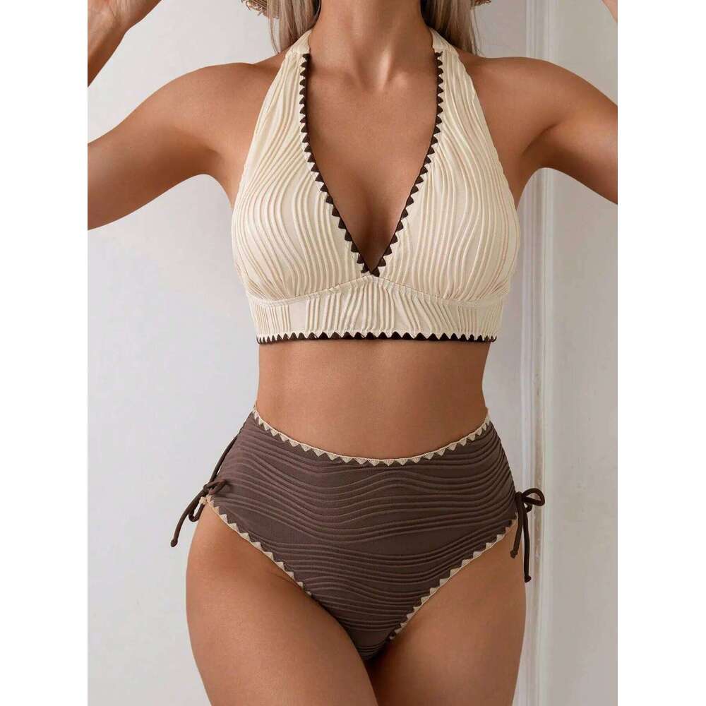 Sexy Khaki Patchwork Two Piece Bikini Set 2026 Women Push Up Drawstring Side High Waist Swimsuit Holiday Bathing Suit Swimwear Z260206