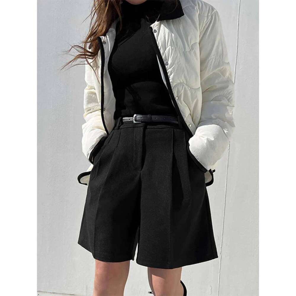 Chic Women Thicken Warm Loose Pockets Faux Woolen Straight 2024 Autumn Winter High Waist Ladies Wide Leg Shorts WH2 XJ260206