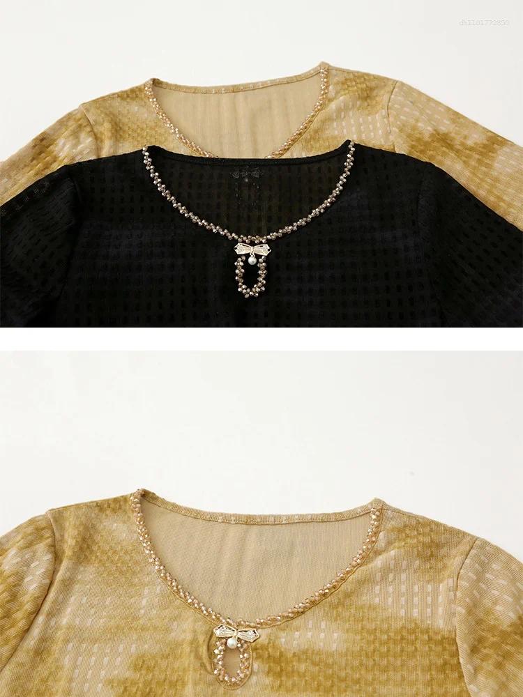 Women's T Shirts Women Round Neck Beaded Mesh T-Shirt Summer 2026 Short Sleeves Casual Clothing Female Fashion Hollowed Out Tees Tops